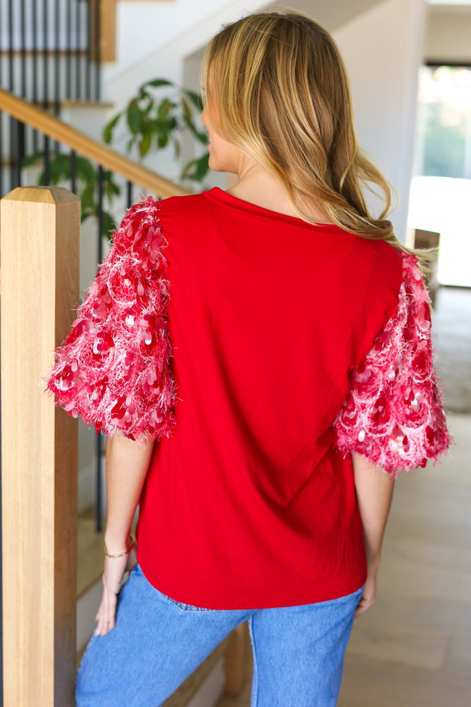 Come To Me Red Sequin Puff Short Sleeve Top-Timber Brooke Boutique, Online Women's Fashion Boutique in Amarillo, Texas