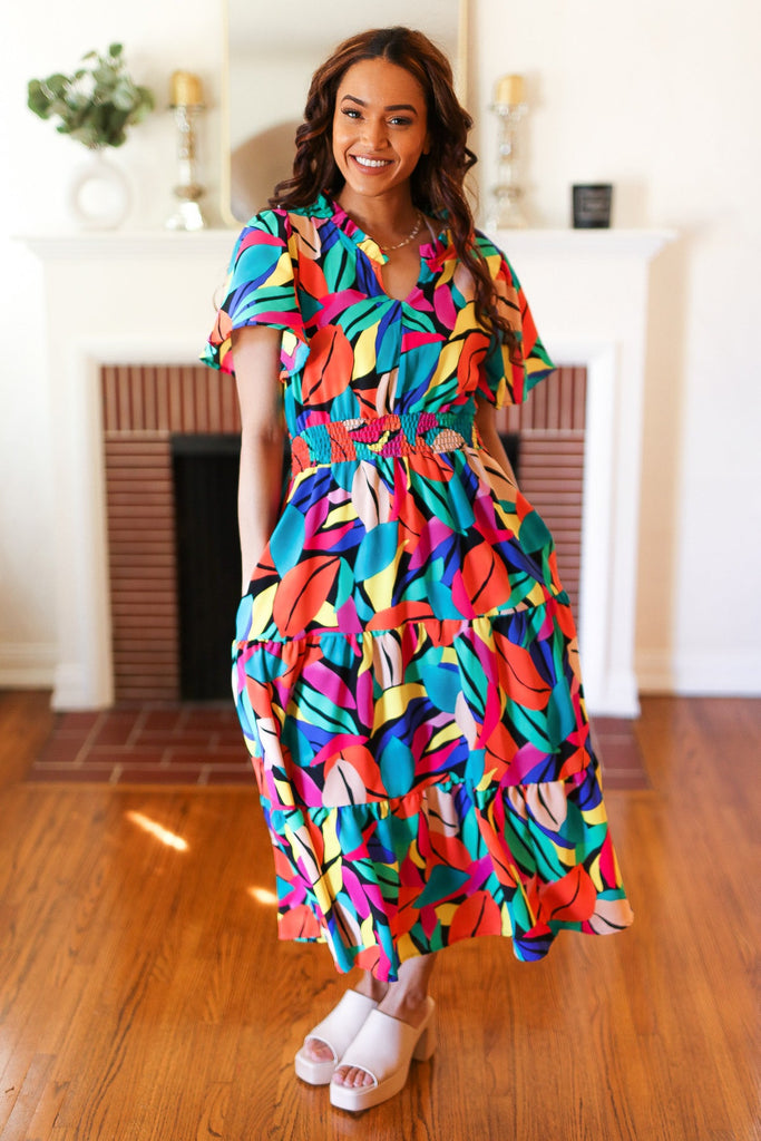 Be Bold Multicolor Abstract Tropical Print Smocked Waist Maxi Dress-Timber Brooke Boutique, Online Women's Fashion Boutique in Amarillo, Texas