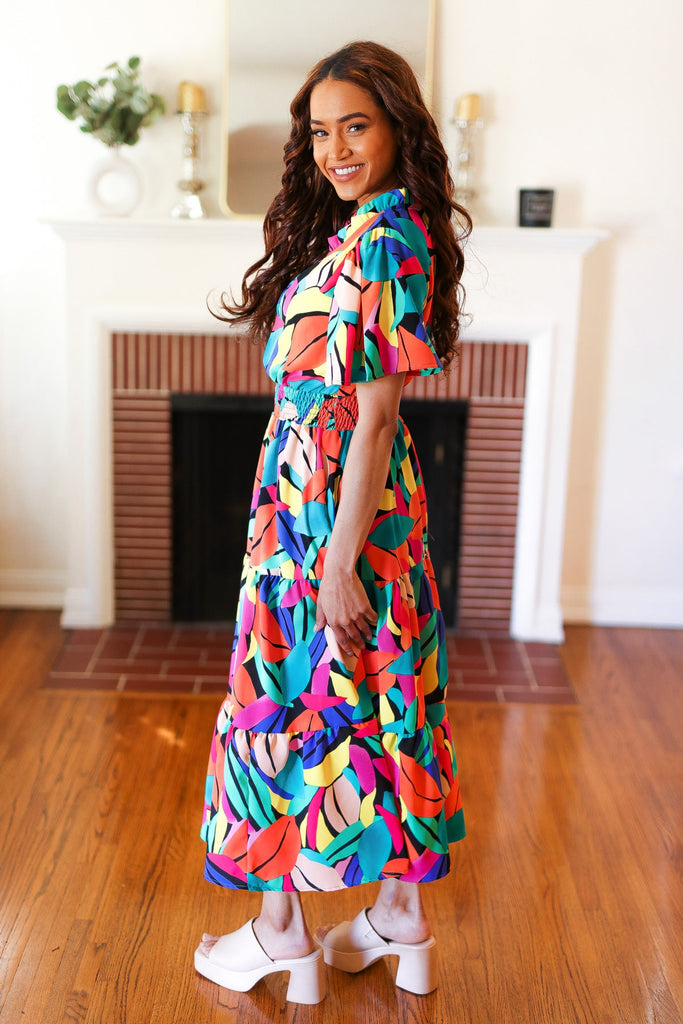 Be Bold Multicolor Abstract Tropical Print Smocked Waist Maxi Dress-Timber Brooke Boutique, Online Women's Fashion Boutique in Amarillo, Texas