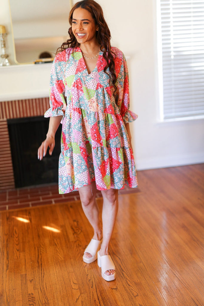 Look Of Love Lime & Coral Patchwork Print V Neck Dress-Timber Brooke Boutique, Online Women's Fashion Boutique in Amarillo, Texas