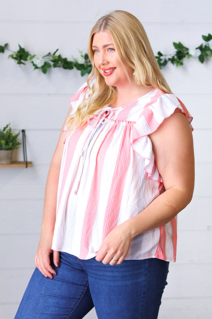 Coral & Light Blue Stripe Waffle Tie Neck Top-Timber Brooke Boutique, Online Women's Fashion Boutique in Amarillo, Texas