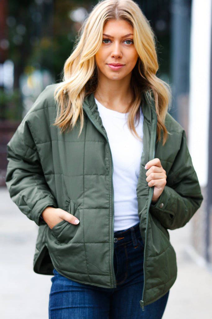 Eyes On You Olive Quilted Puffer Jacket-Timber Brooke Boutique, Online Women's Fashion Boutique in Amarillo, Texas