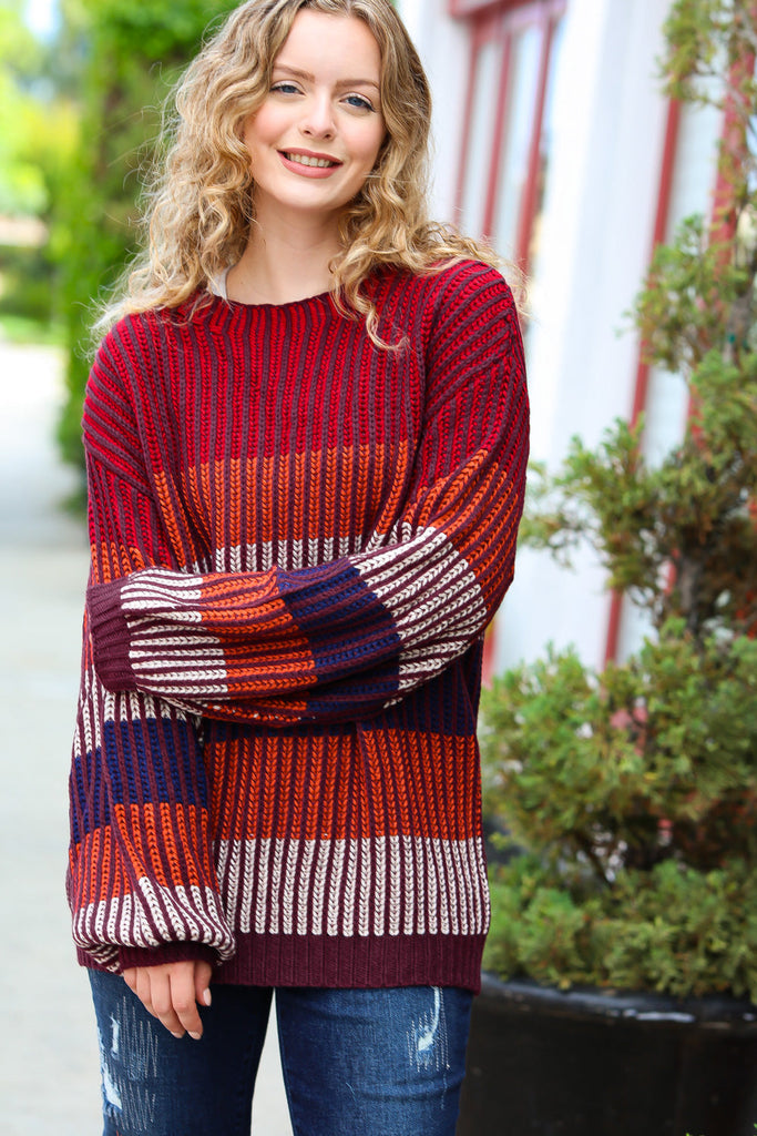 Take All Of Me Burgundy & Navy Stripe Oversized Sweater-Sweaters-Timber Brooke Boutique, Online Women's Fashion Boutique in Amarillo, Texas
