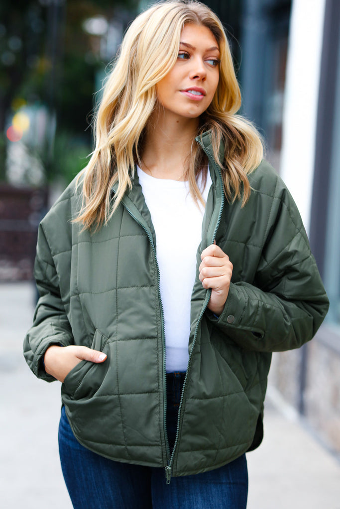 Eyes On You Olive Quilted Puffer Jacket-Timber Brooke Boutique, Online Women's Fashion Boutique in Amarillo, Texas