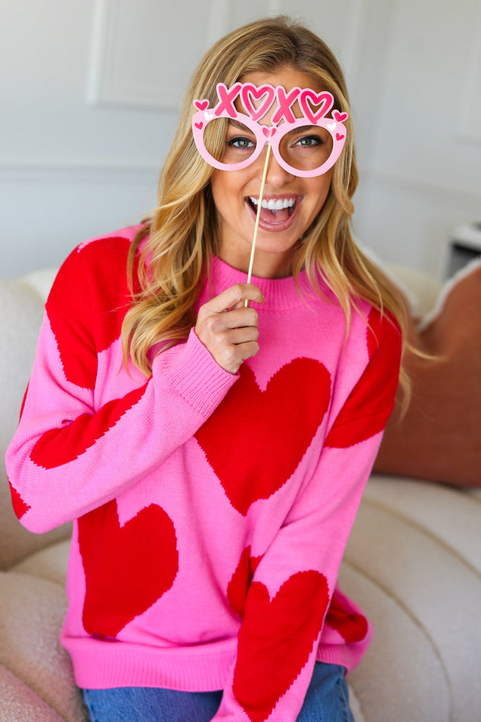 Cupid's Arrow Pink & Red Heart Jacquard Sweater-Timber Brooke Boutique, Online Women's Fashion Boutique in Amarillo, Texas