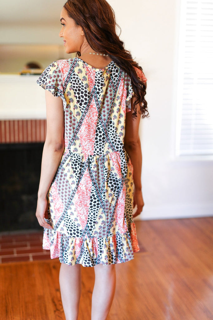 Casual Living Yellow & Coral Patchwork Babydoll Flutter Sleeve Dress-Timber Brooke Boutique, Online Women's Fashion Boutique in Amarillo, Texas