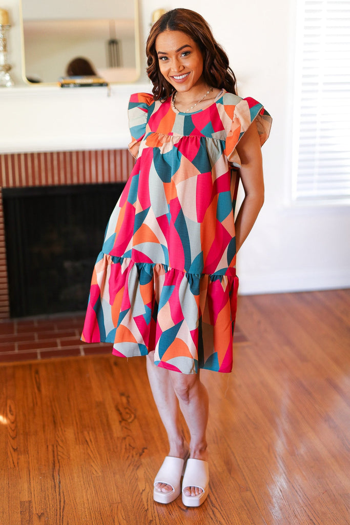 Stand Out Magenta & Teal Geometric Yoke Woven Dress-Timber Brooke Boutique, Online Women's Fashion Boutique in Amarillo, Texas