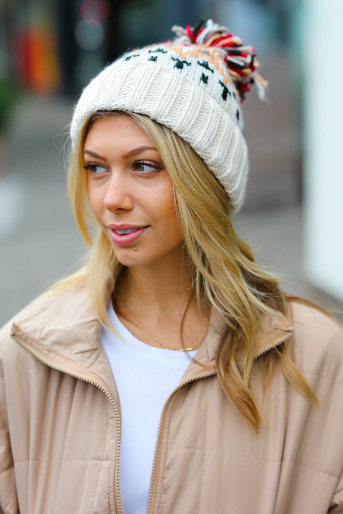 Cream Multicolor Cable Knit Pom-Pom Beanie-Timber Brooke Boutique, Online Women's Fashion Boutique in Amarillo, Texas