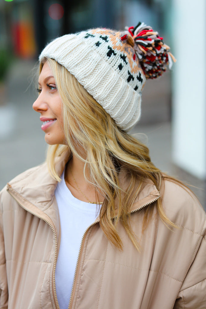 Cream Multicolor Cable Knit Pom-Pom Beanie-Timber Brooke Boutique, Online Women's Fashion Boutique in Amarillo, Texas