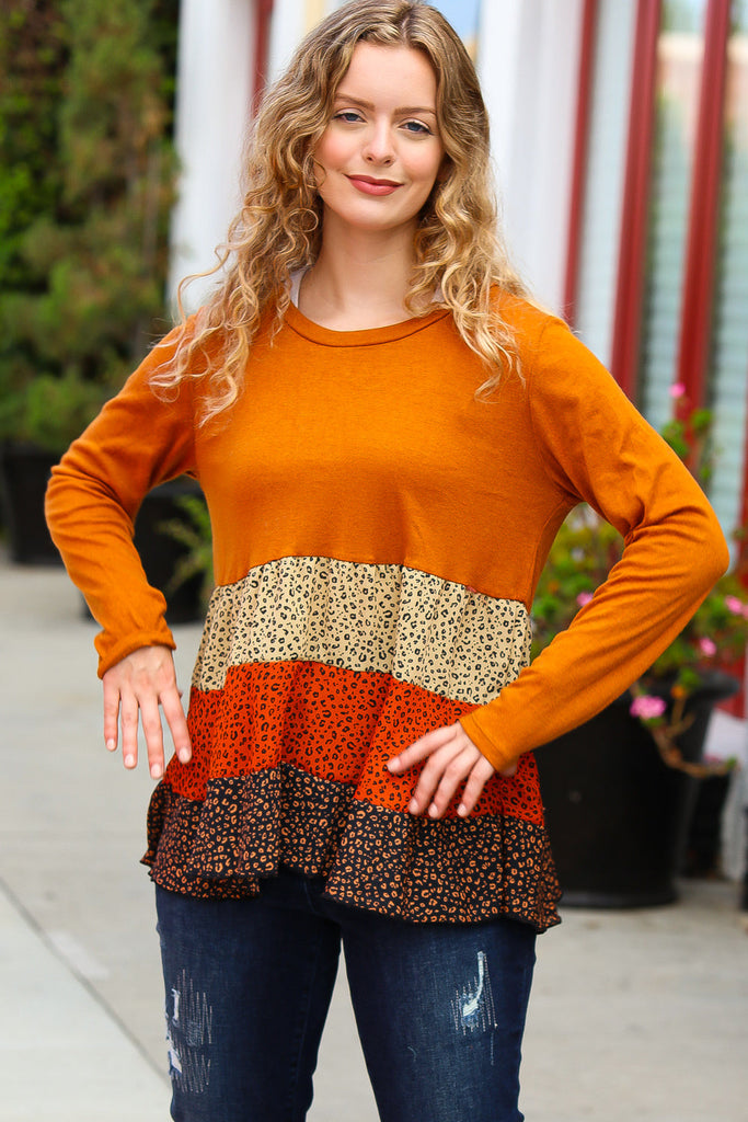 Give You Joy Rust/Taupe Leopard Print Tiered Babydoll Top-Long Sleeve Tops-Timber Brooke Boutique, Online Women's Fashion Boutique in Amarillo, Texas