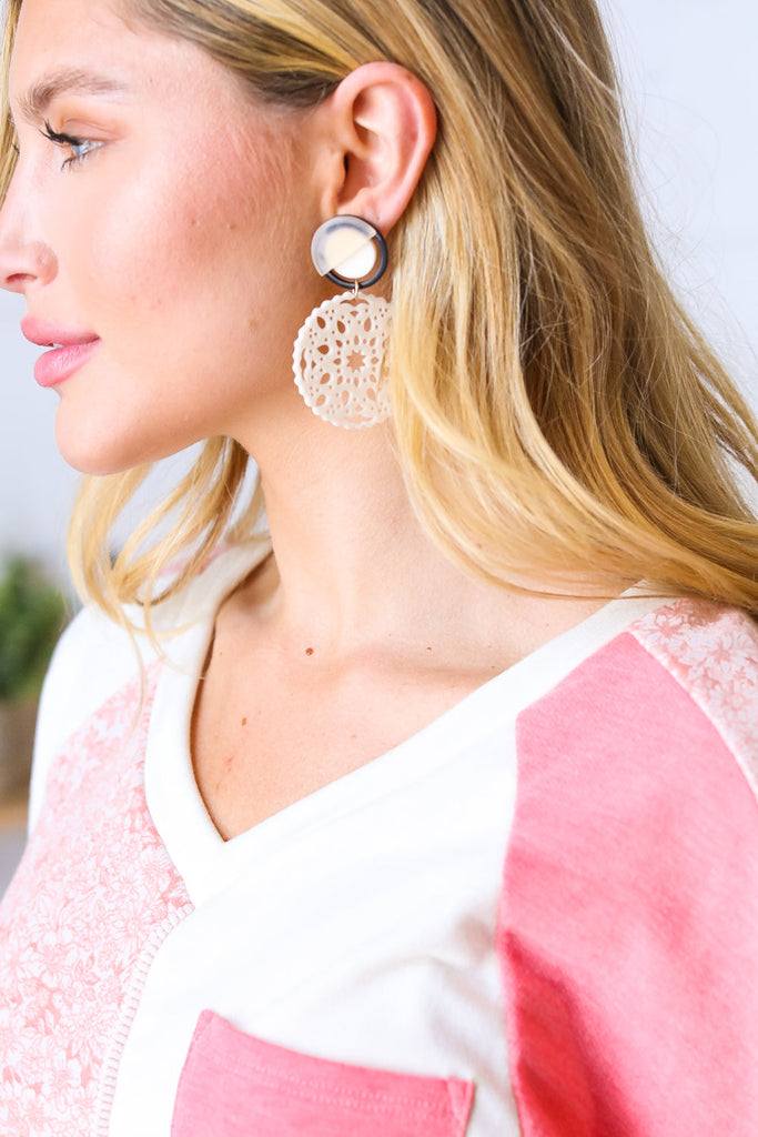 Bone Crochet Carved Disc Dangle Earrings-Timber Brooke Boutique, Online Women's Fashion Boutique in Amarillo, Texas
