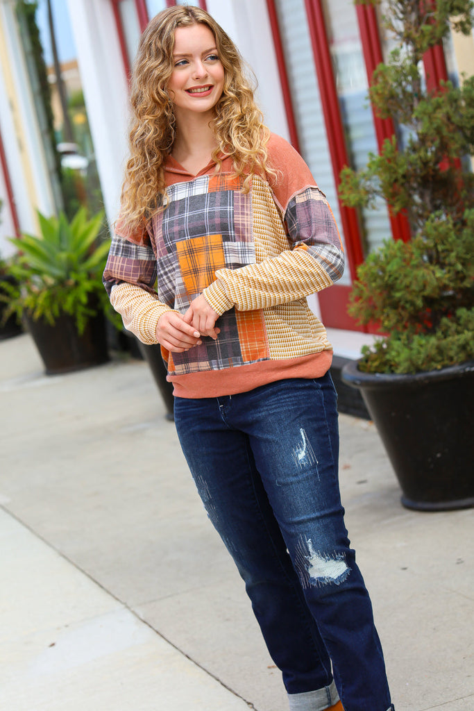 What I Like Rust/Charcoal Two Tone Knit Plaid V Neck Top-Long Sleeve Tops-Timber Brooke Boutique, Online Women's Fashion Boutique in Amarillo, Texas