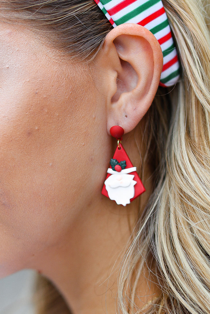 Red Santa Triangle Clay Dangle Earrings-Timber Brooke Boutique, Online Women's Fashion Boutique in Amarillo, Texas