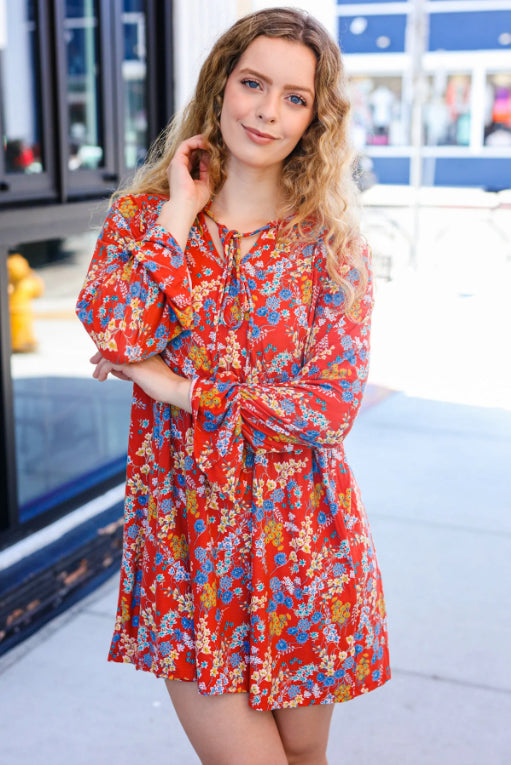 Under Your Spell Rust Floral Tie Front Elastic Bell Sleeve Dress-Timber Brooke Boutique, Online Women's Fashion Boutique in Amarillo, Texas