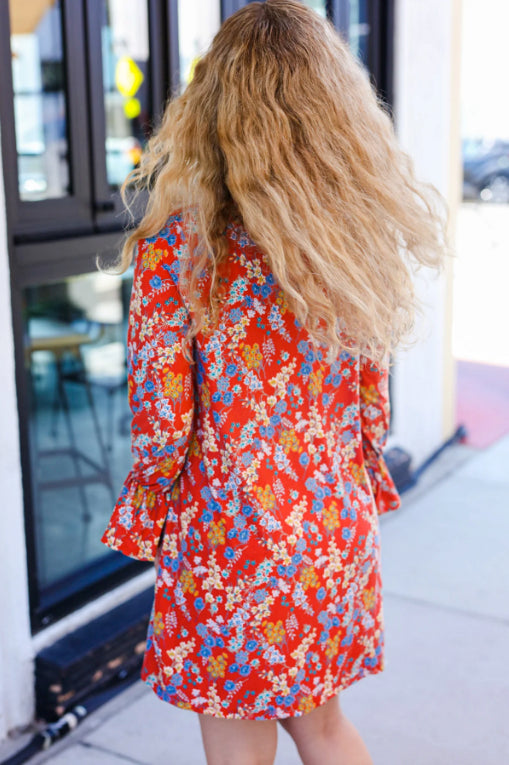 Under Your Spell Rust Floral Tie Front Elastic Bell Sleeve Dress-Timber Brooke Boutique, Online Women's Fashion Boutique in Amarillo, Texas