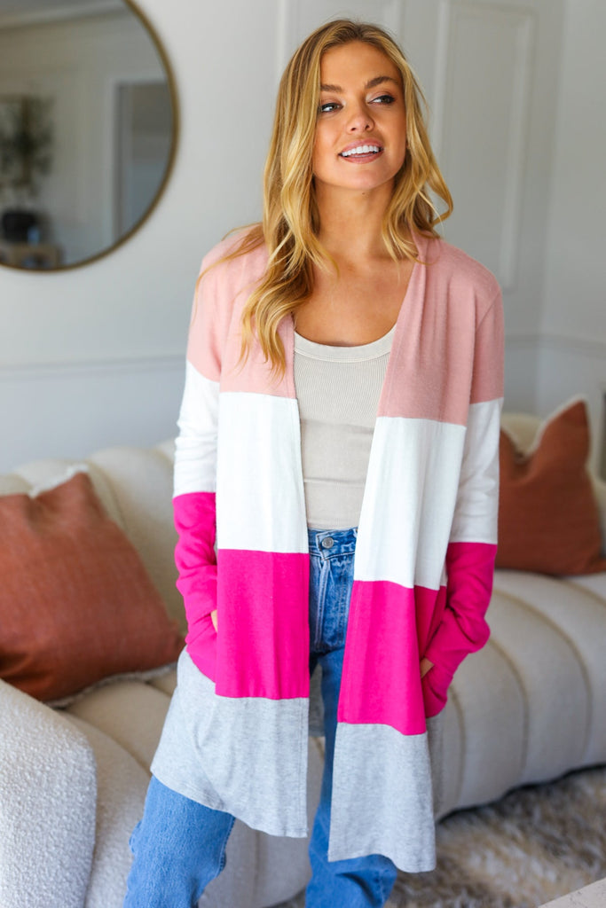 Face The Day Blush Wide Stripe Hacci Colorblock Cardigan-Timber Brooke Boutique, Online Women's Fashion Boutique in Amarillo, Texas