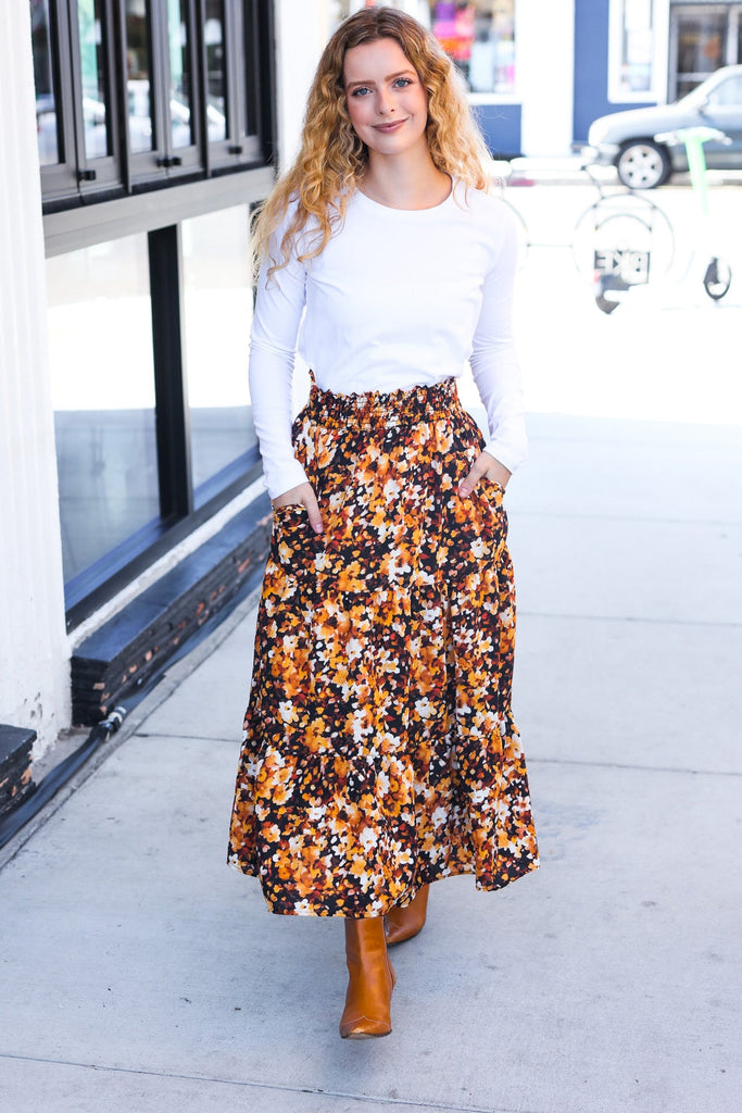 Casual Living Black Floral Tiered Smocked Waist Midi Skirt-Timber Brooke Boutique, Online Women's Fashion Boutique in Amarillo, Texas