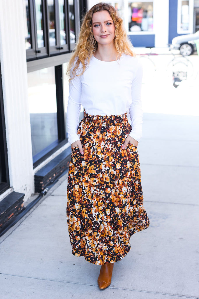 Casual Living Black Floral Tiered Smocked Waist Midi Skirt-Timber Brooke Boutique, Online Women's Fashion Boutique in Amarillo, Texas