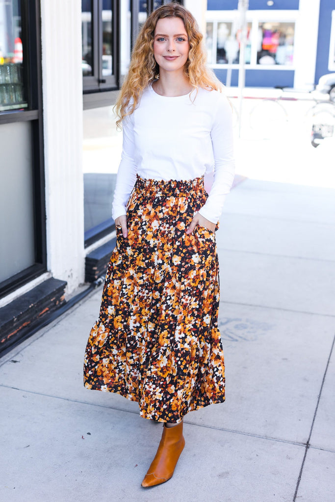 Casual Living Black Floral Tiered Smocked Waist Midi Skirt-Timber Brooke Boutique, Online Women's Fashion Boutique in Amarillo, Texas