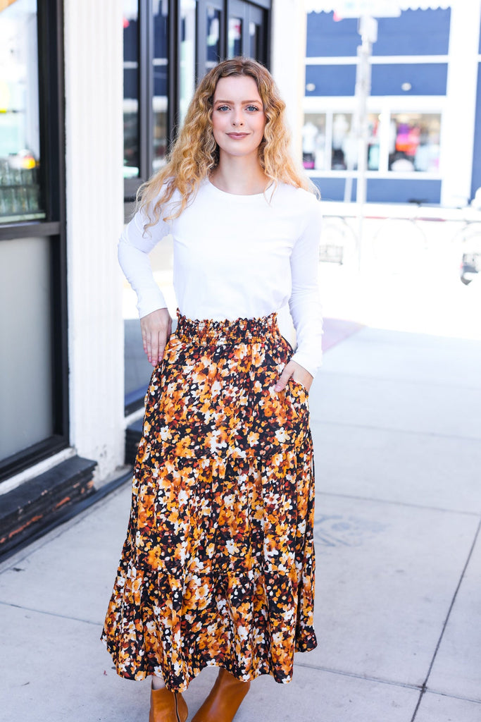 Casual Living Black Floral Tiered Smocked Waist Midi Skirt-Timber Brooke Boutique, Online Women's Fashion Boutique in Amarillo, Texas