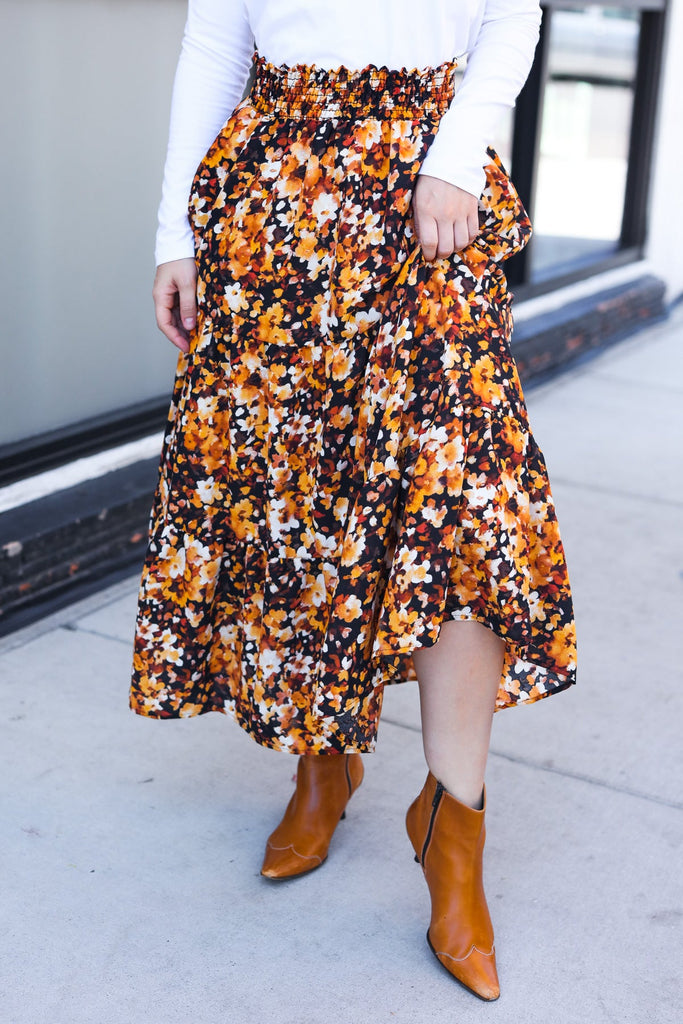 Casual Living Black Floral Tiered Smocked Waist Midi Skirt-Timber Brooke Boutique, Online Women's Fashion Boutique in Amarillo, Texas