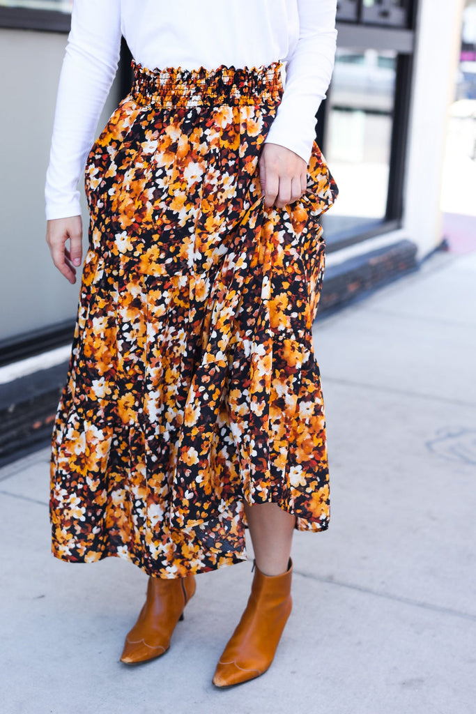 Casual Living Black Floral Tiered Smocked Waist Midi Skirt-Timber Brooke Boutique, Online Women's Fashion Boutique in Amarillo, Texas