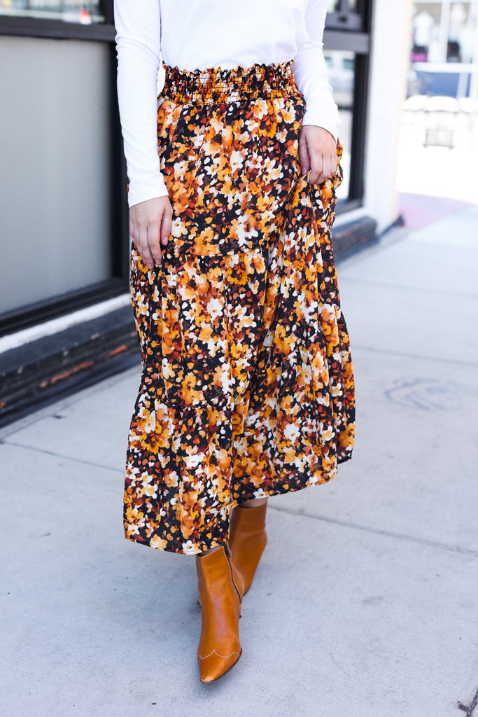 Casual Living Black Floral Tiered Smocked Waist Midi Skirt-Timber Brooke Boutique, Online Women's Fashion Boutique in Amarillo, Texas