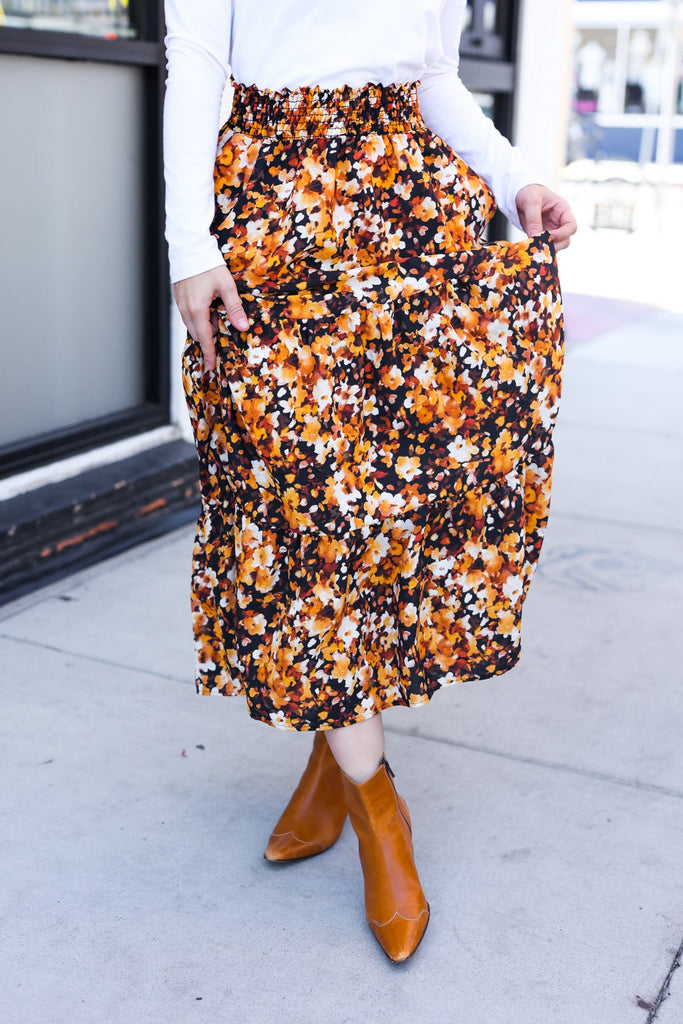 Casual Living Black Floral Tiered Smocked Waist Midi Skirt-Timber Brooke Boutique, Online Women's Fashion Boutique in Amarillo, Texas