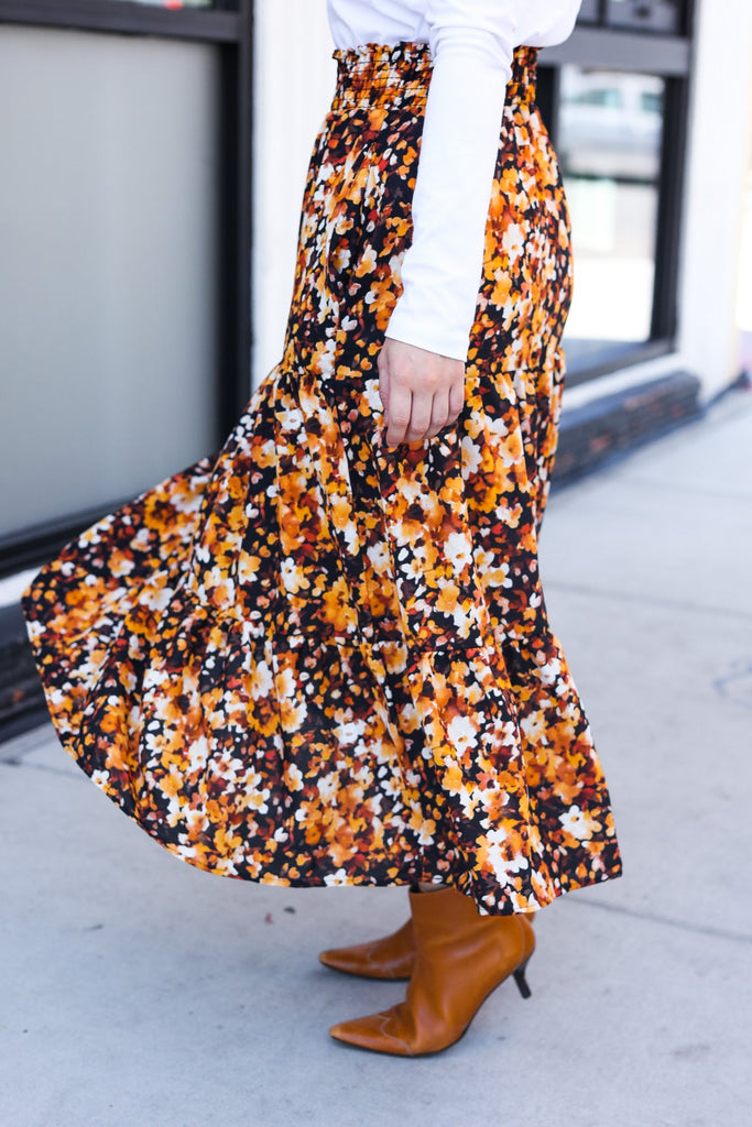 Casual Living Black Floral Tiered Smocked Waist Midi Skirt-Timber Brooke Boutique, Online Women's Fashion Boutique in Amarillo, Texas