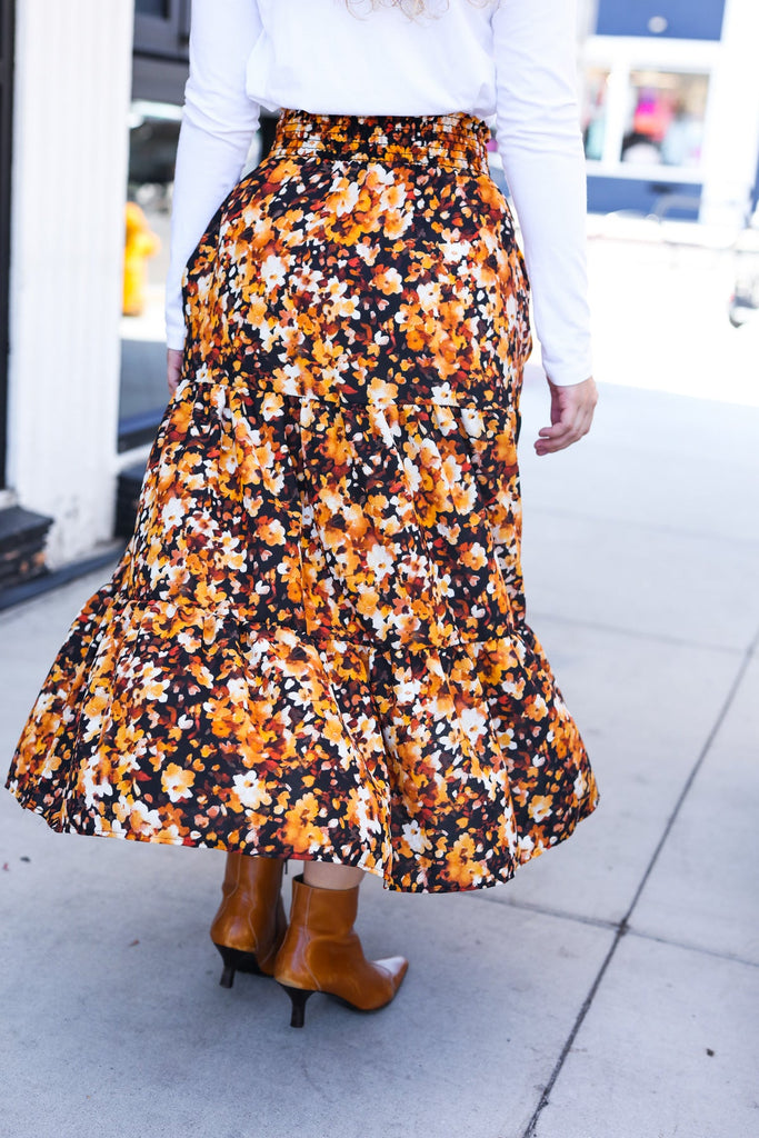 Casual Living Black Floral Tiered Smocked Waist Midi Skirt-Timber Brooke Boutique, Online Women's Fashion Boutique in Amarillo, Texas