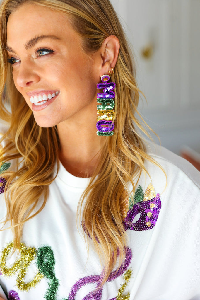 Mardi Gras Sequin & Beaded Dangle Earrings-Timber Brooke Boutique, Online Women's Fashion Boutique in Amarillo, Texas