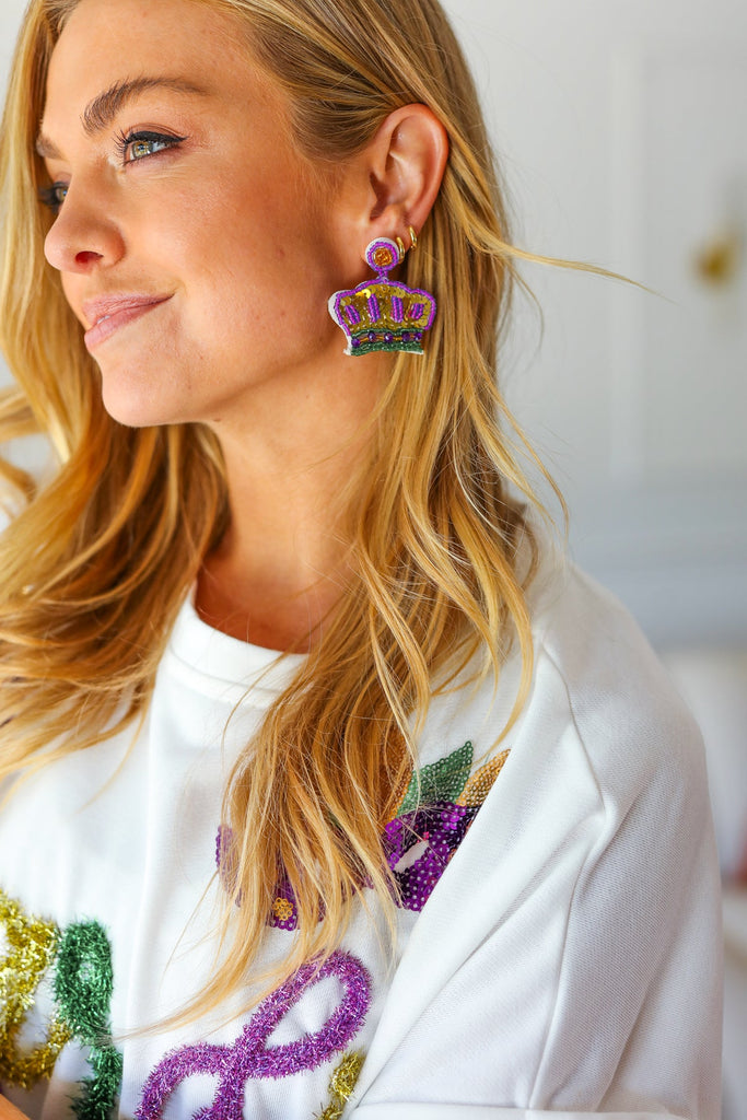 Mardi Gras Sequin & Beaded Crown Dangle Earrings-Timber Brooke Boutique, Online Women's Fashion Boutique in Amarillo, Texas