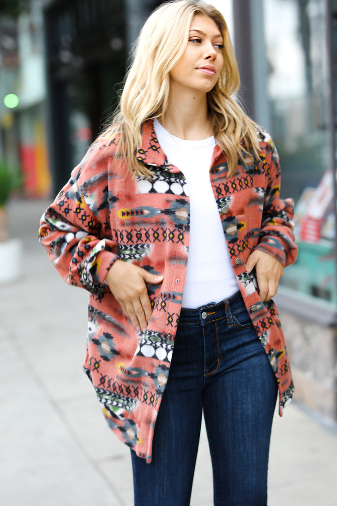 Trendy Rust Aztec Print Button Down Brushed Shacket-Timber Brooke Boutique, Online Women's Fashion Boutique in Amarillo, Texas