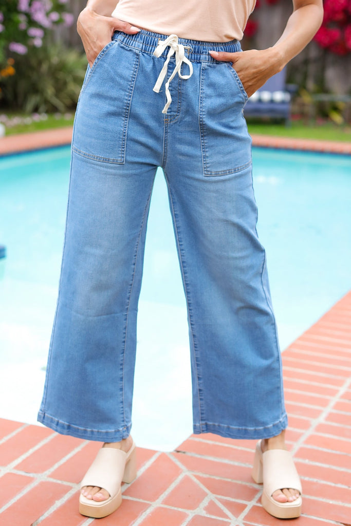 Denim Blue High Rise Drawstring Cropped Jeans-Timber Brooke Boutique, Online Women's Fashion Boutique in Amarillo, Texas