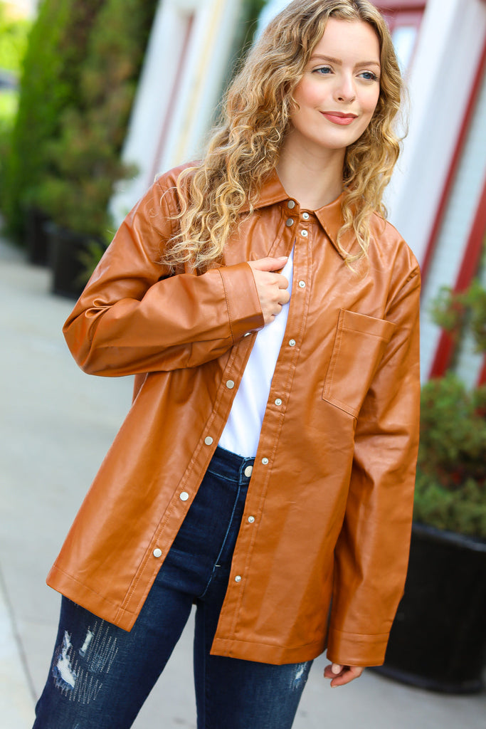 Open Your Heart Rust Vegan Leather Snap Button Shacket-Coats & Jackets-Timber Brooke Boutique, Online Women's Fashion Boutique in Amarillo, Texas