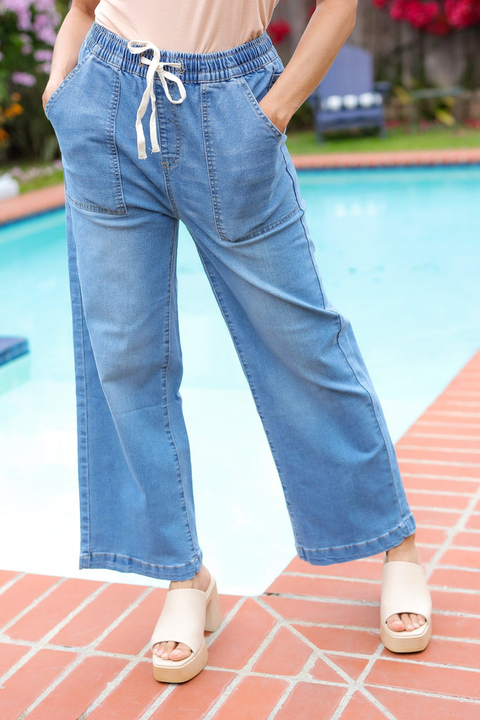 Denim Blue High Rise Drawstring Cropped Jeans-Timber Brooke Boutique, Online Women's Fashion Boutique in Amarillo, Texas