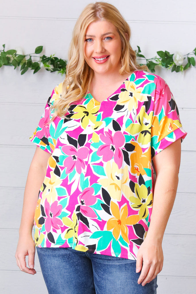 Fuchsia & Emerald Flat Floral V Neck Top-Timber Brooke Boutique, Online Women's Fashion Boutique in Amarillo, Texas