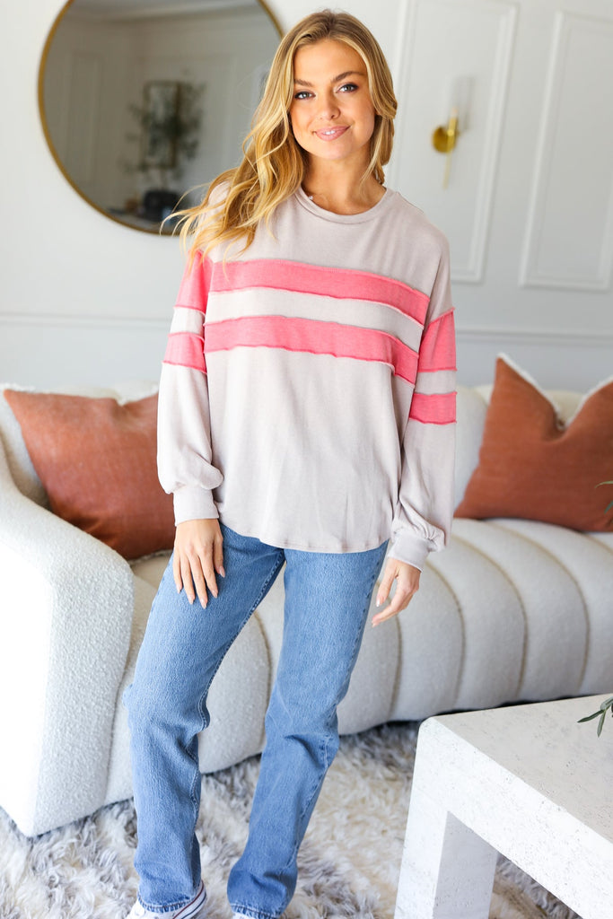 Rally Day Taupe & Coral Game Day Stripe Outseam Terry Top-Timber Brooke Boutique, Online Women's Fashion Boutique in Amarillo, Texas