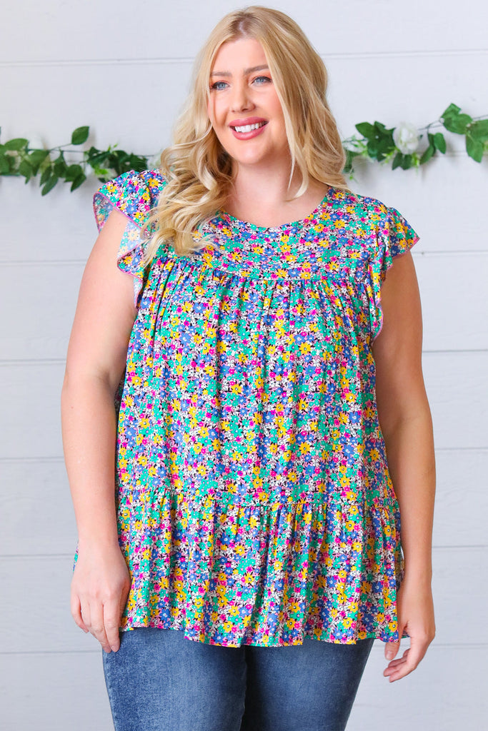 Emerald Green Floral Print Ruffle Tiered Keyhole Top-Timber Brooke Boutique, Online Women's Fashion Boutique in Amarillo, Texas