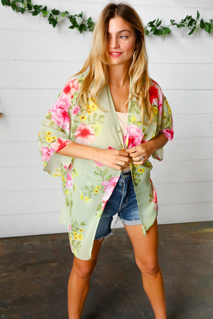 Sage Floral Print Chiffon Cover Up Kimono-Timber Brooke Boutique, Online Women's Fashion Boutique in Amarillo, Texas