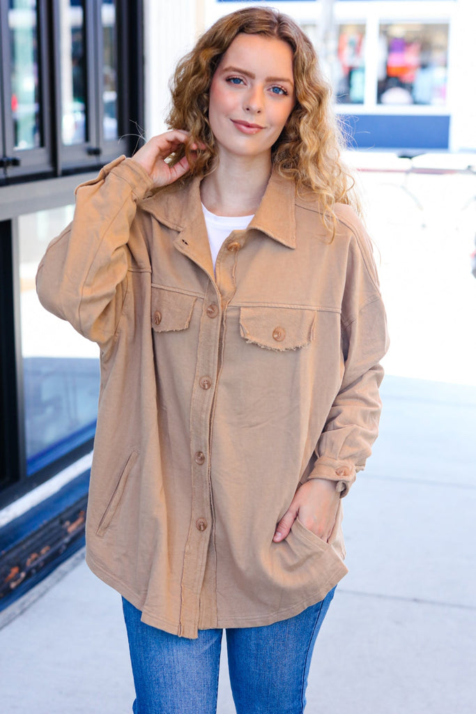 Weekend Ready Camel Terry Oversized Shirt Shacket-Timber Brooke Boutique, Online Women's Fashion Boutique in Amarillo, Texas