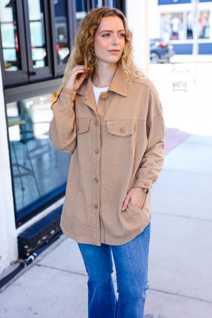 Weekend Ready Camel Terry Oversized Shirt Shacket-Timber Brooke Boutique, Online Women's Fashion Boutique in Amarillo, Texas