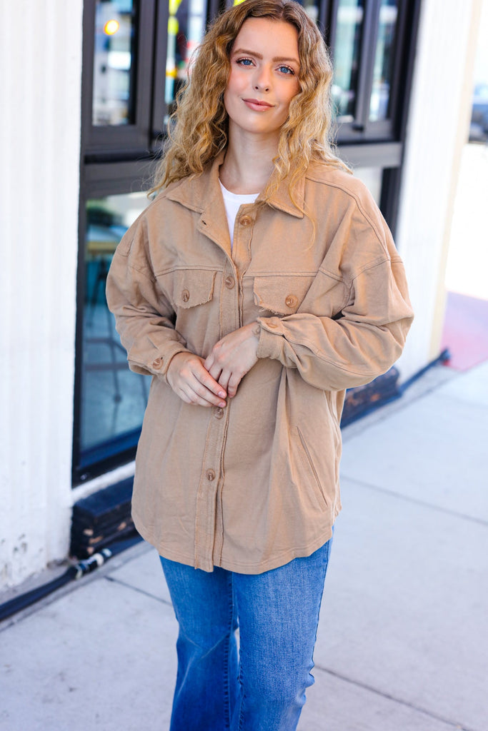 Weekend Ready Camel Terry Oversized Shirt Shacket-Timber Brooke Boutique, Online Women's Fashion Boutique in Amarillo, Texas