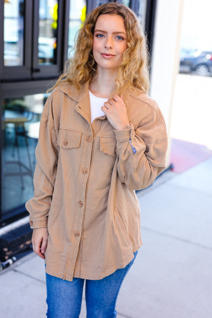 Weekend Ready Camel Terry Oversized Shirt Shacket-Timber Brooke Boutique, Online Women's Fashion Boutique in Amarillo, Texas