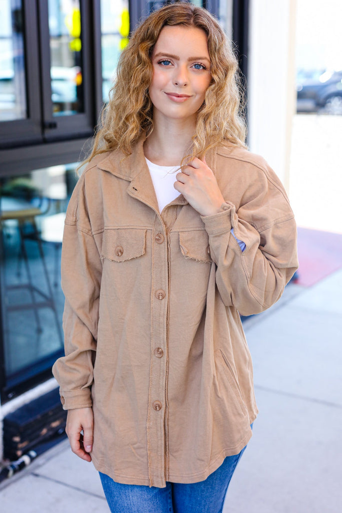 Weekend Ready Camel Terry Oversized Shirt Shacket-Timber Brooke Boutique, Online Women's Fashion Boutique in Amarillo, Texas