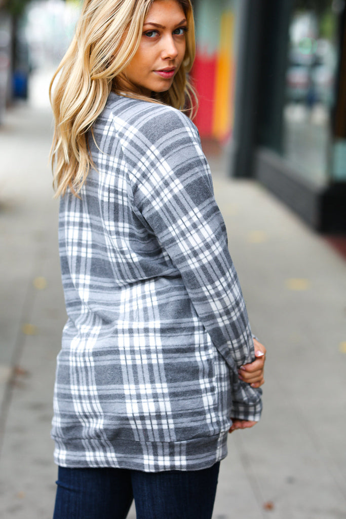 Cozy Grey Plaid Double Brushed Hacci Pullover-Timber Brooke Boutique, Online Women's Fashion Boutique in Amarillo, Texas