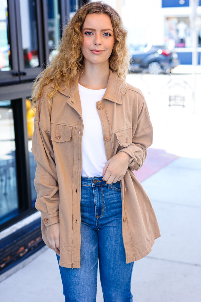 Weekend Ready Camel Terry Oversized Shirt Shacket-Timber Brooke Boutique, Online Women's Fashion Boutique in Amarillo, Texas