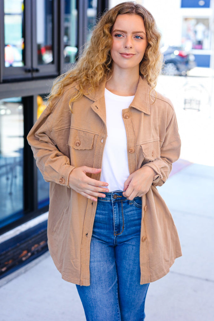 Weekend Ready Camel Terry Oversized Shirt Shacket-Timber Brooke Boutique, Online Women's Fashion Boutique in Amarillo, Texas