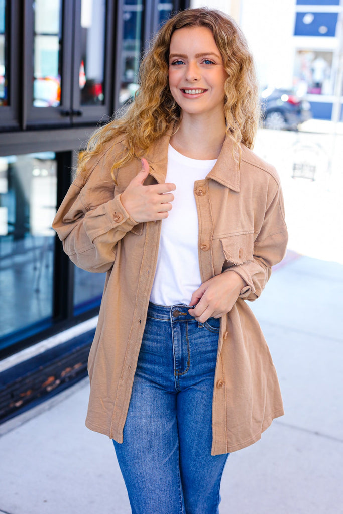 Weekend Ready Camel Terry Oversized Shirt Shacket-Timber Brooke Boutique, Online Women's Fashion Boutique in Amarillo, Texas