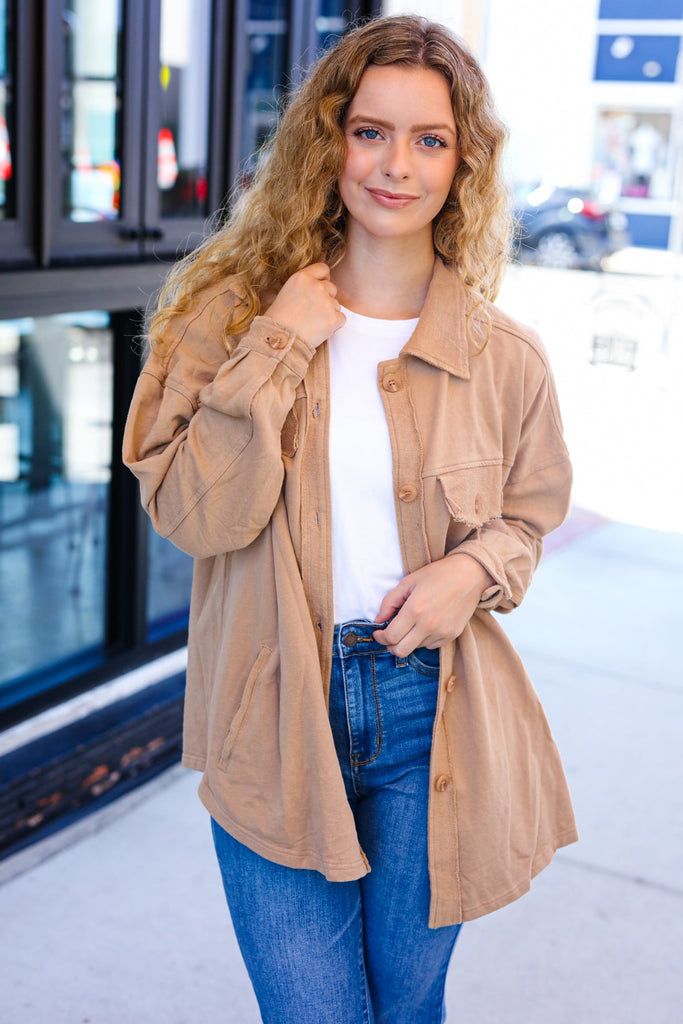 Weekend Ready Camel Terry Oversized Shirt Shacket-Timber Brooke Boutique, Online Women's Fashion Boutique in Amarillo, Texas